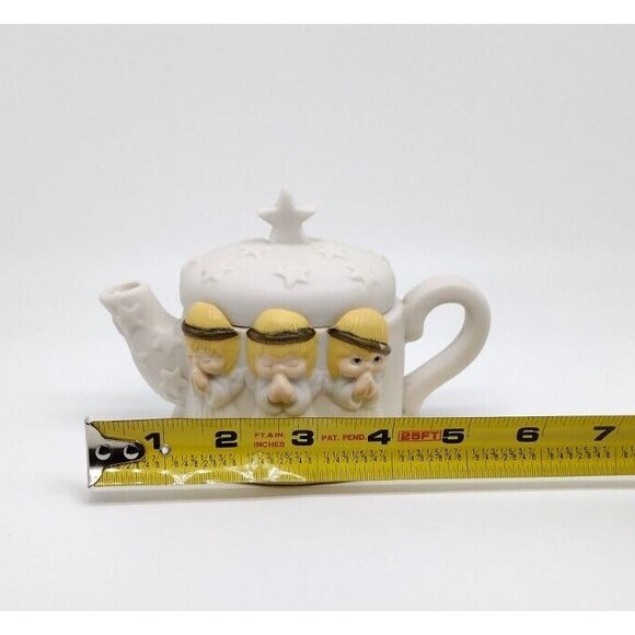 Hallmark Houston Harvest Teapot Praying Angels Stars Lid Ceramic White 3.5" VTG - Picture 8 of 9